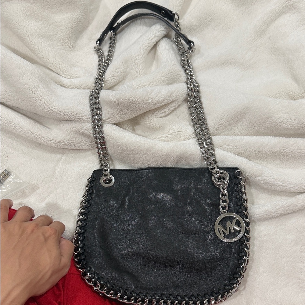 Michael Kors Black Leather Shoulder Bag with Silver Chain
